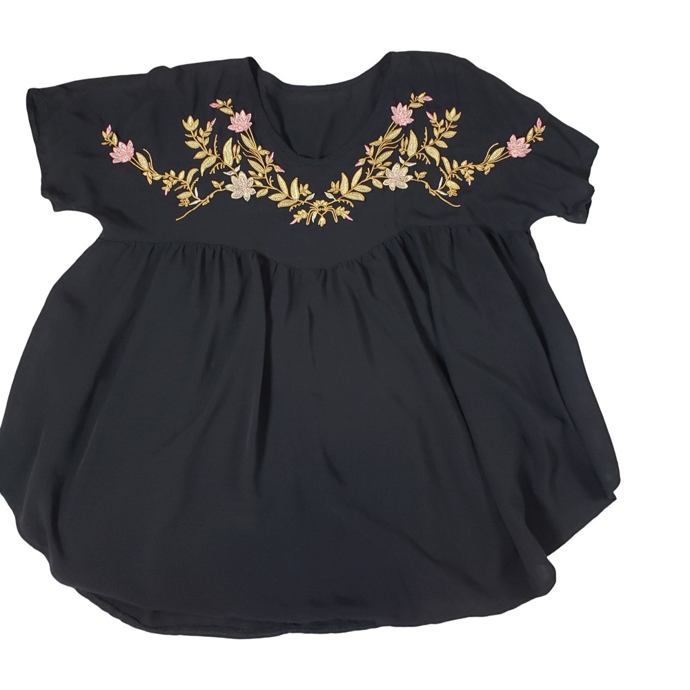 Emery Rose Black Floral Embroidered Babydoll V-Neck Blouse Top XL